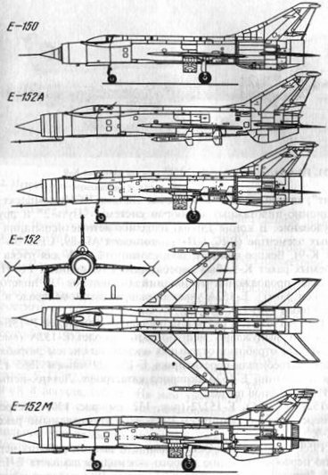 Схемы истребителей-перехватчиков Е-150, Е-152А, Е-152, Е-152М